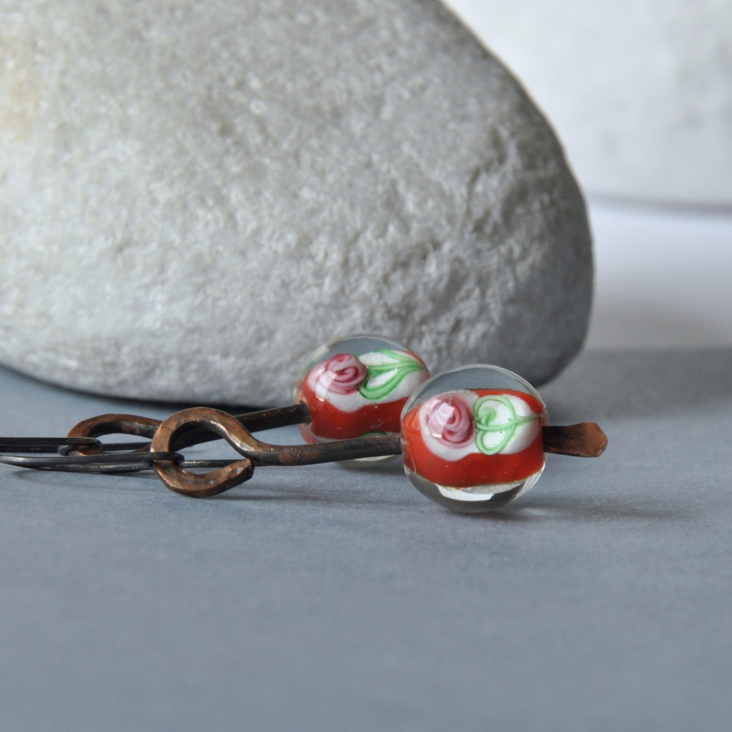 Hand-forged copper earrings 'Forged with Rose - red'