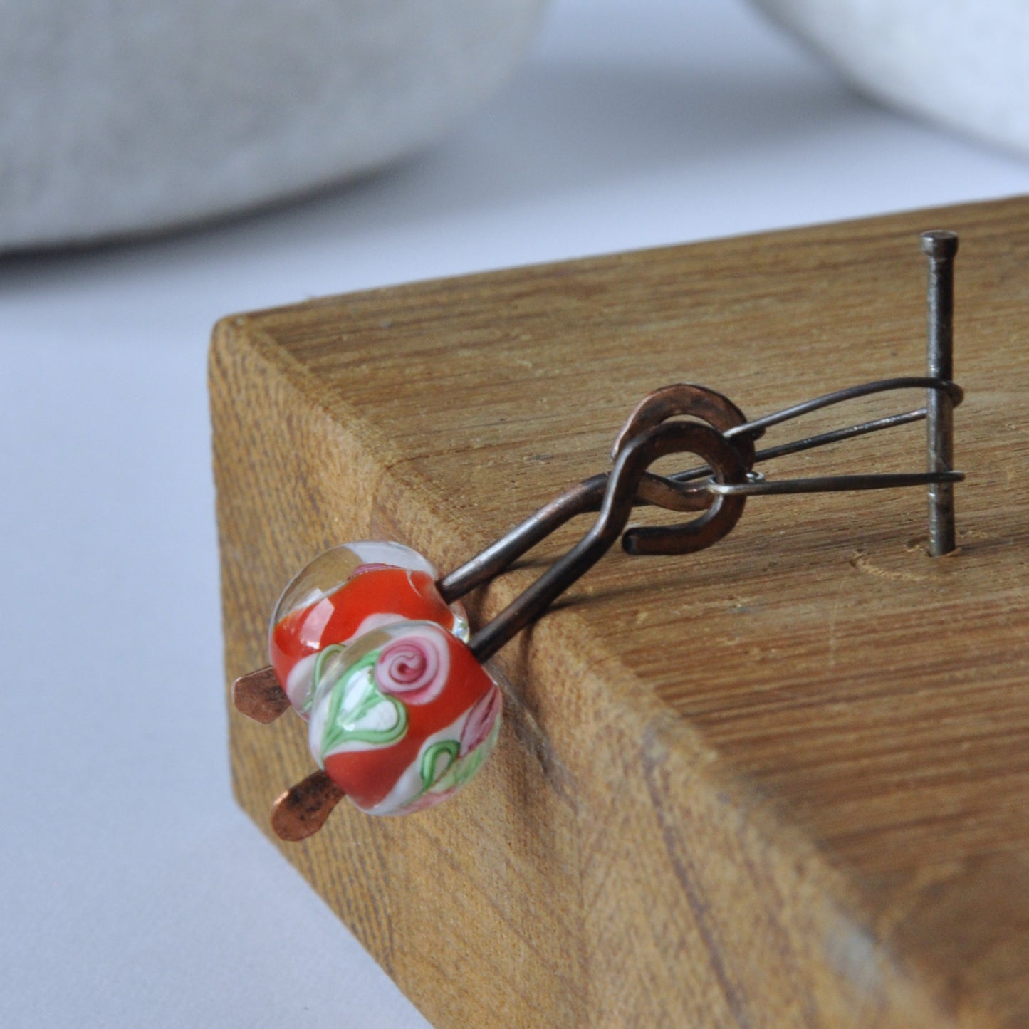 Hand-forged copper earrings 'Forged with Rose - red'