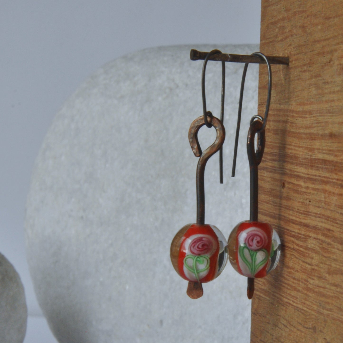 Hand-forged copper earrings 'Forged with Rose - red'