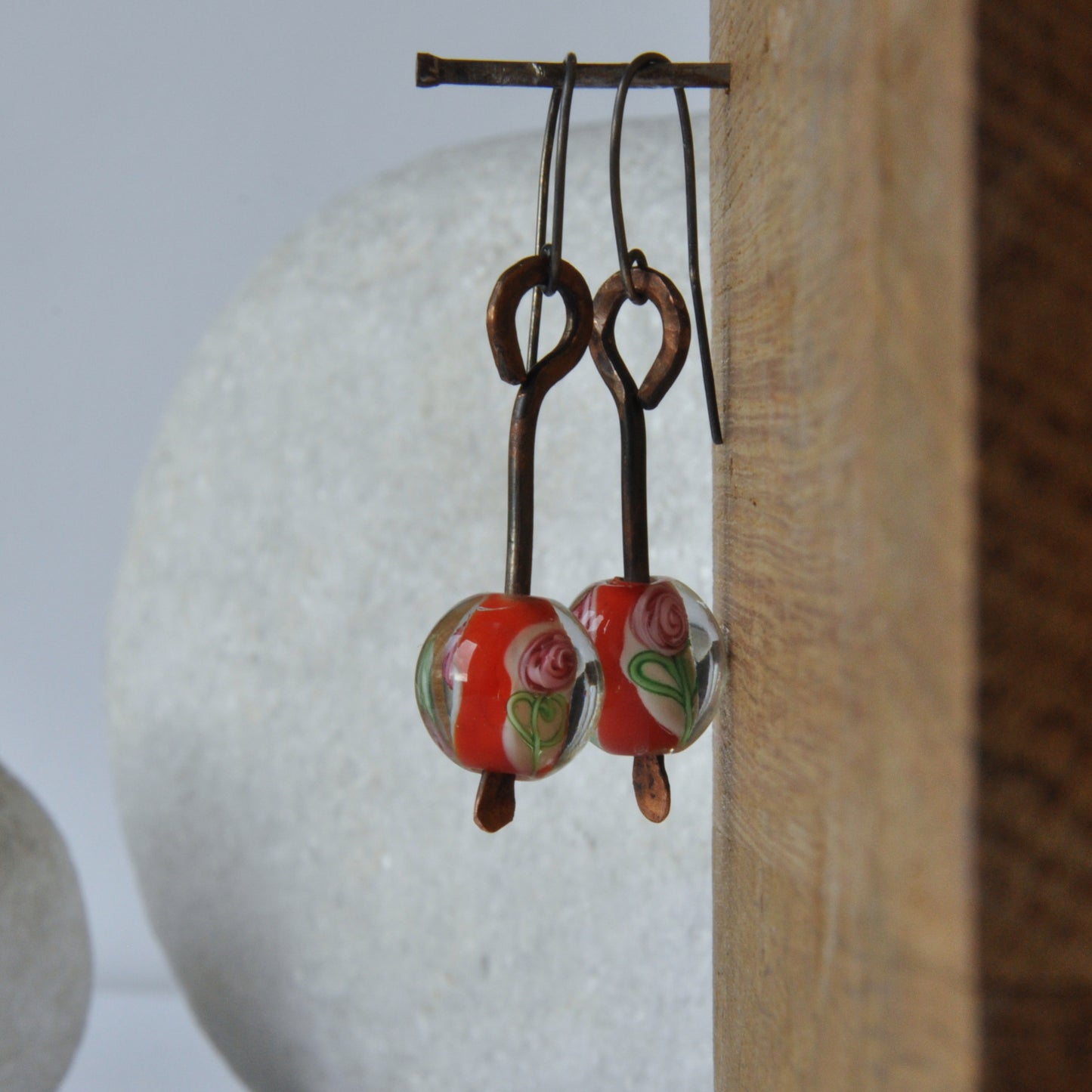 Hand-forged copper earrings 'Forged with Rose - red'