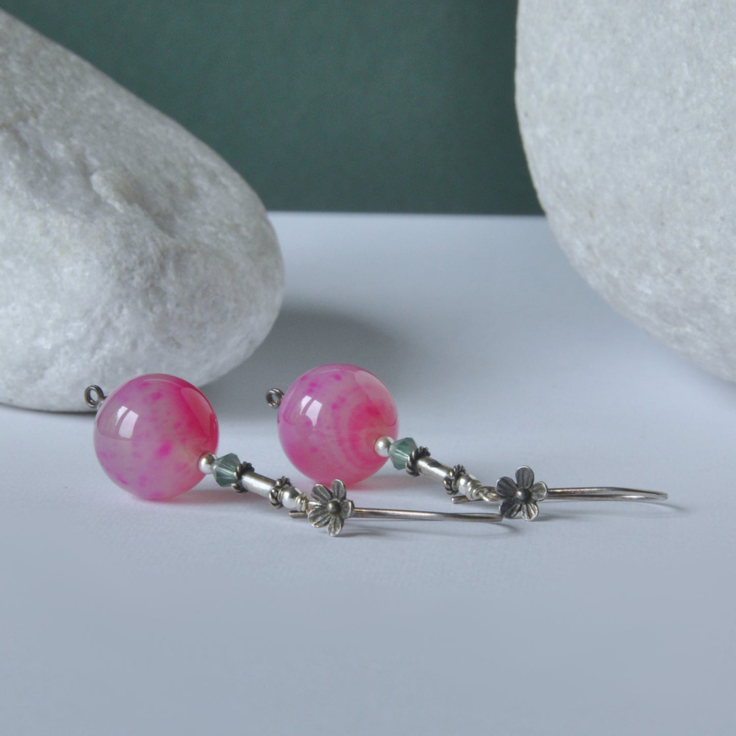 Romantic earrings, of bali silver, agate balls and Swarovski crystals 'Flowers in Pink'