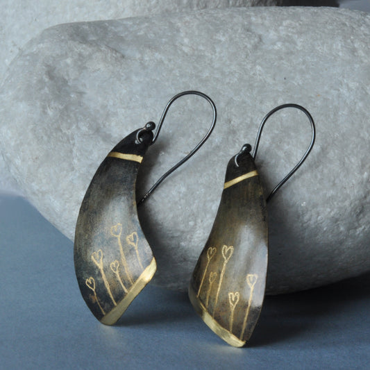 Forged and engraved brass earrings "Dreamer". Unique handcrafted jewelry with motif of petite hearts.