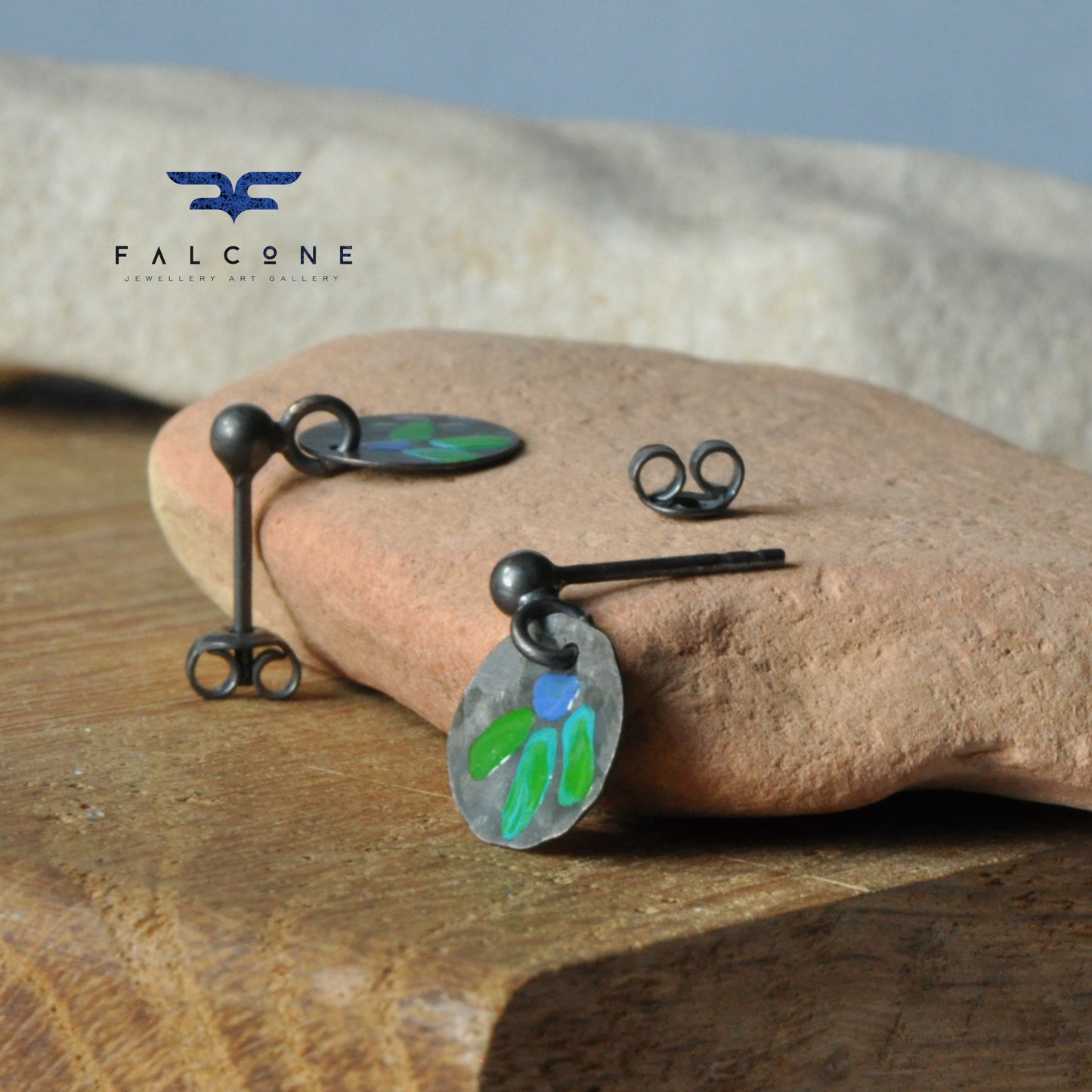 Pendientes de plata y esmalte "Folk Flower Mini - Blue &amp; Green"