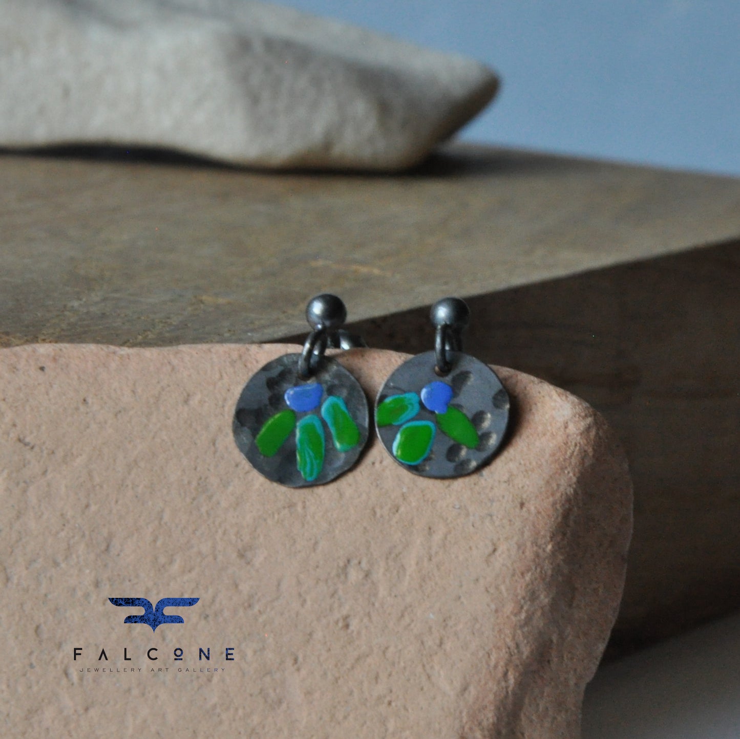 Pendientes de plata y esmalte "Folk Flower Mini - Blue &amp; Green"