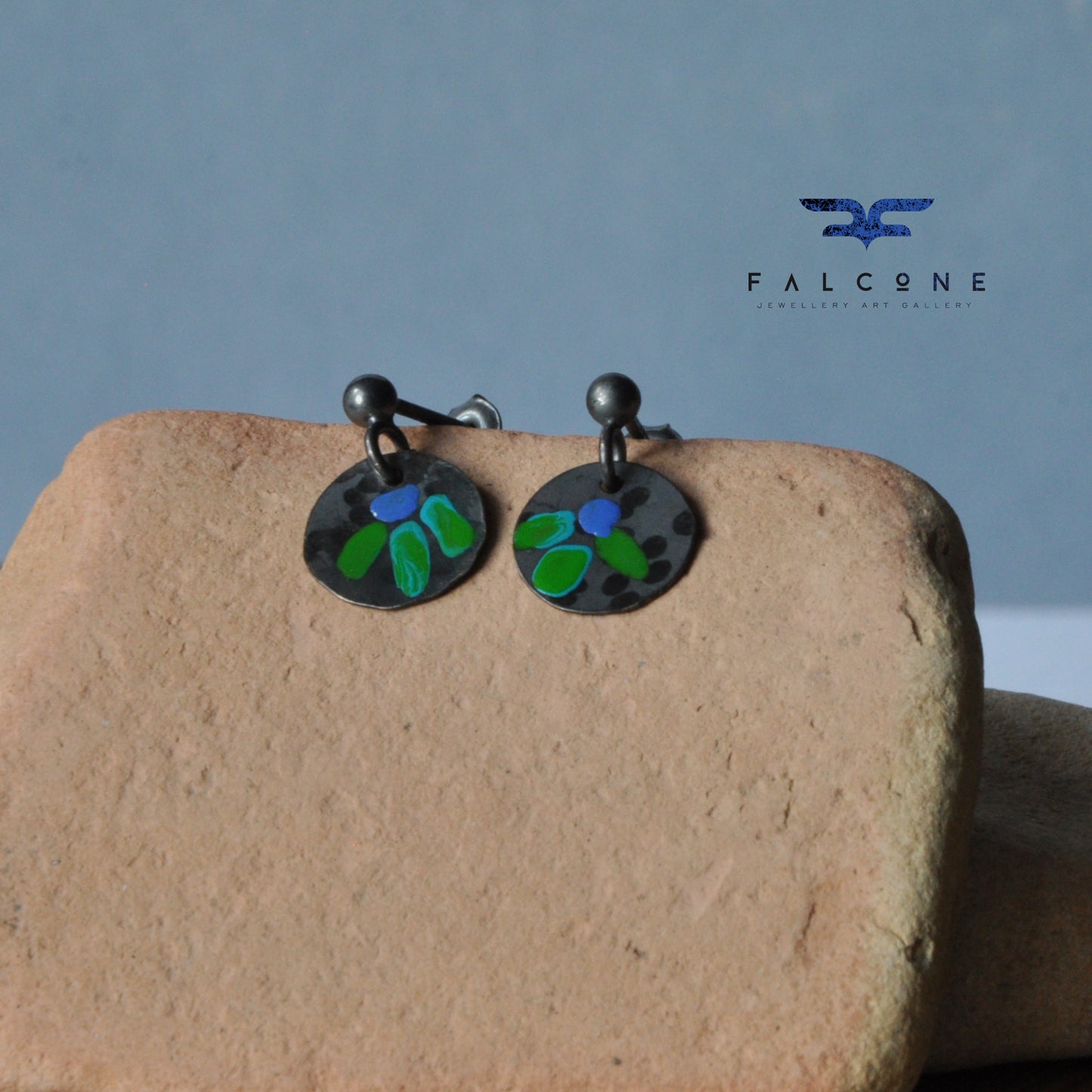 Pendientes de plata y esmalte "Folk Flower Mini - Blue &amp; Green"