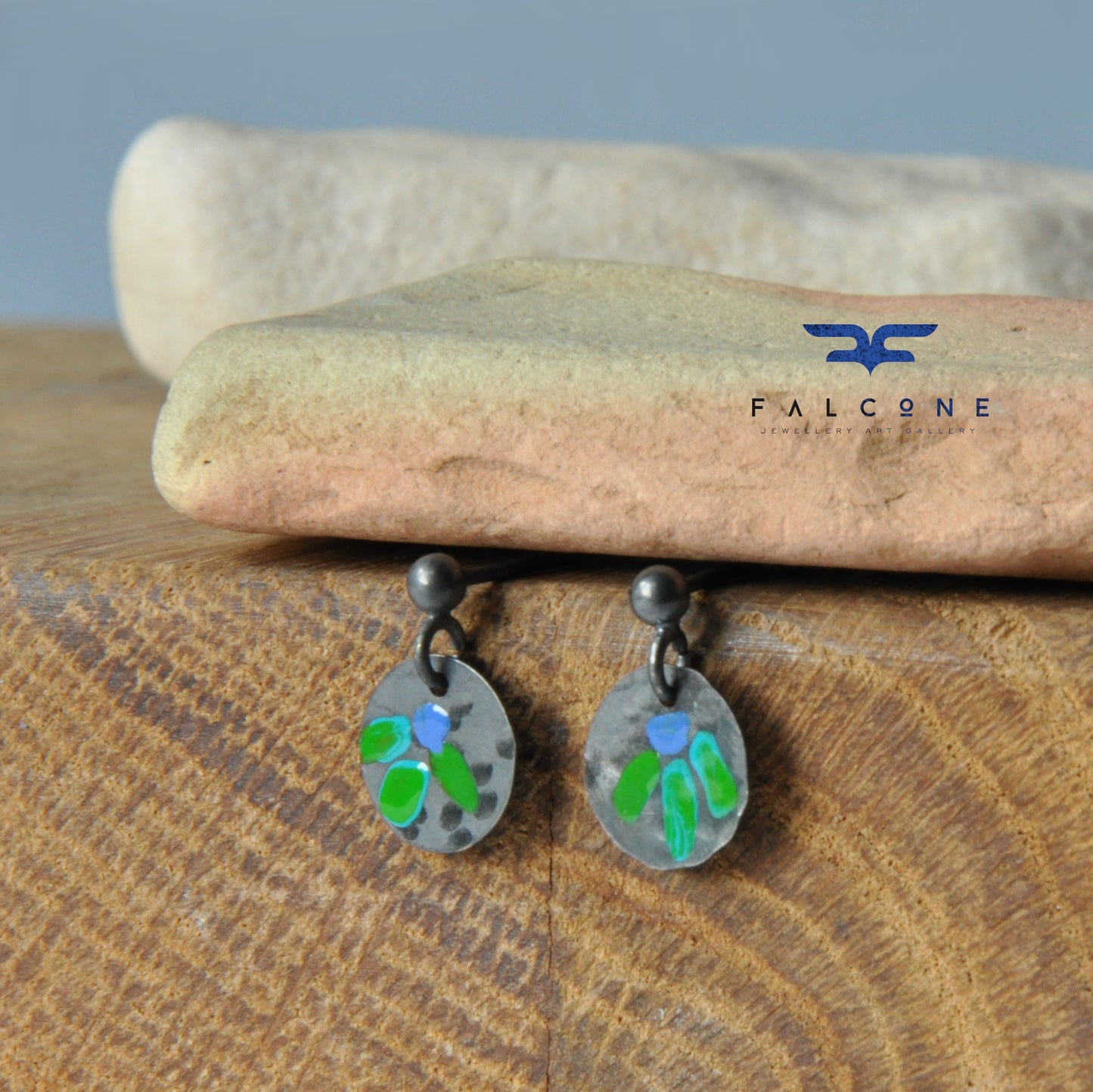 Pendientes de plata y esmalte "Folk Flower Mini - Blue &amp; Green"