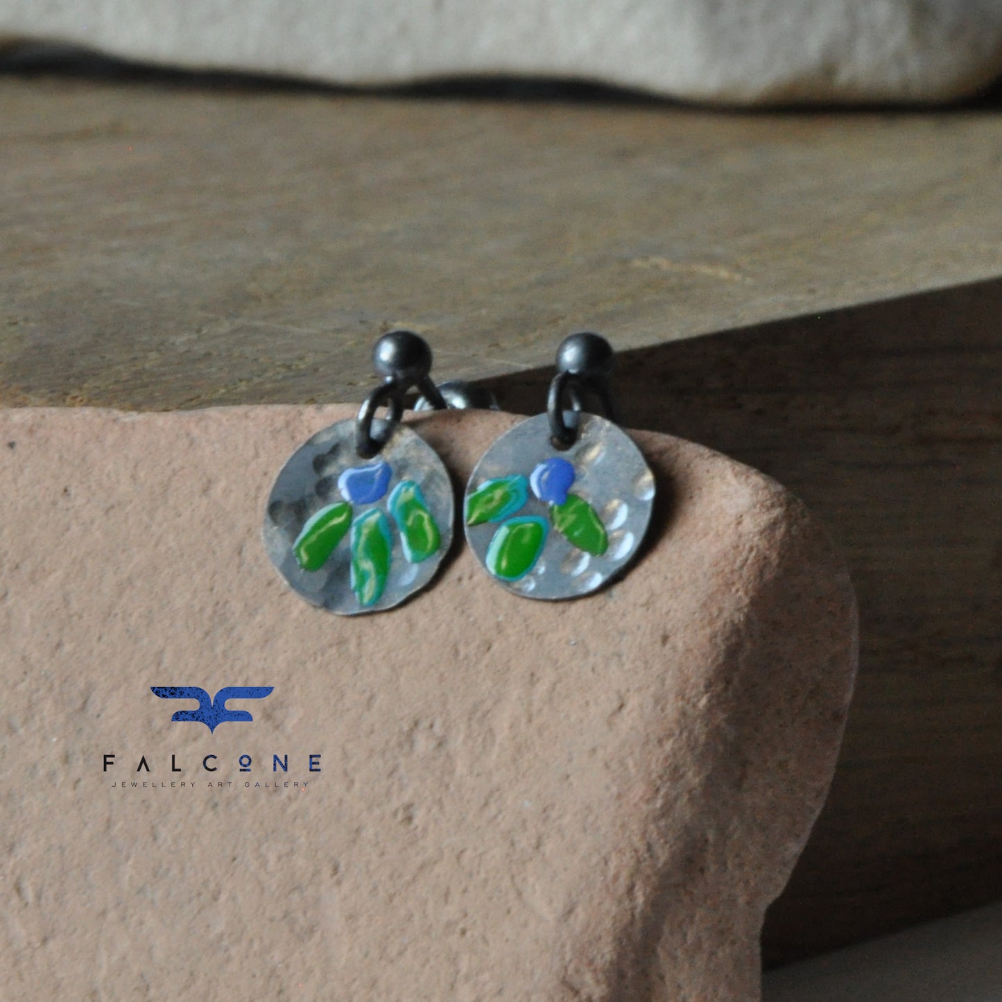 Pendientes de plata y esmalte "Folk Flower Mini - Blue &amp; Green"