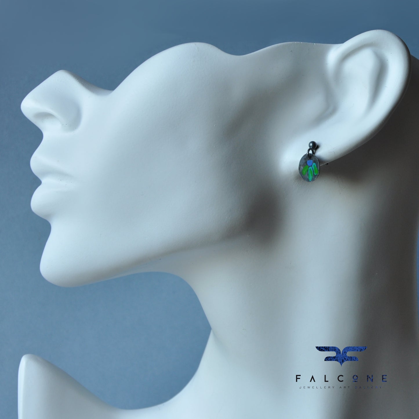 Pendientes de plata y esmalte "Folk Flower Mini - Blue &amp; Green"