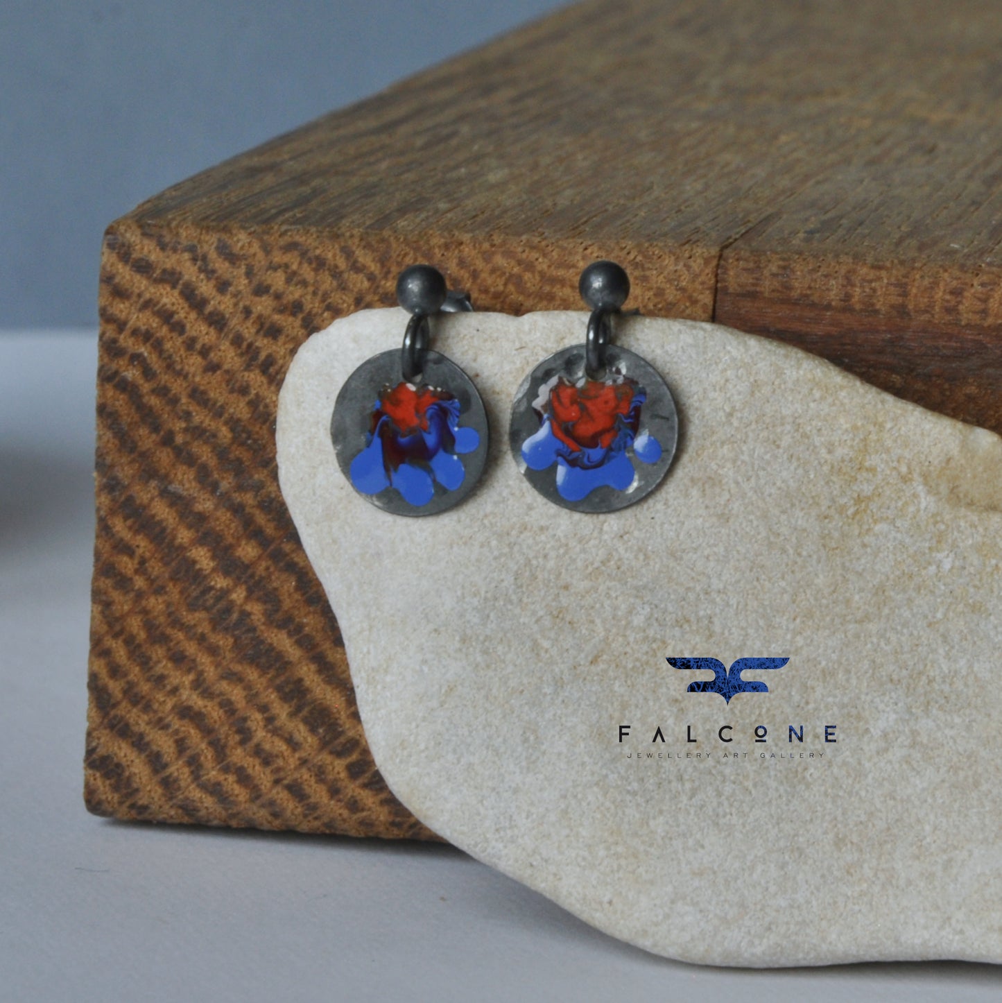 Pendientes de plata y esmalte 'Folk Flower Mini - Blue &amp; Red'