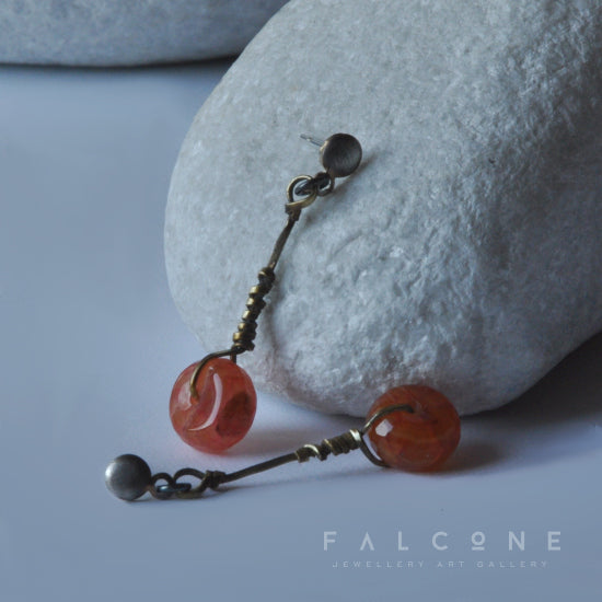 Stud earrings with silver, brass and agates 'Braided with Brass'