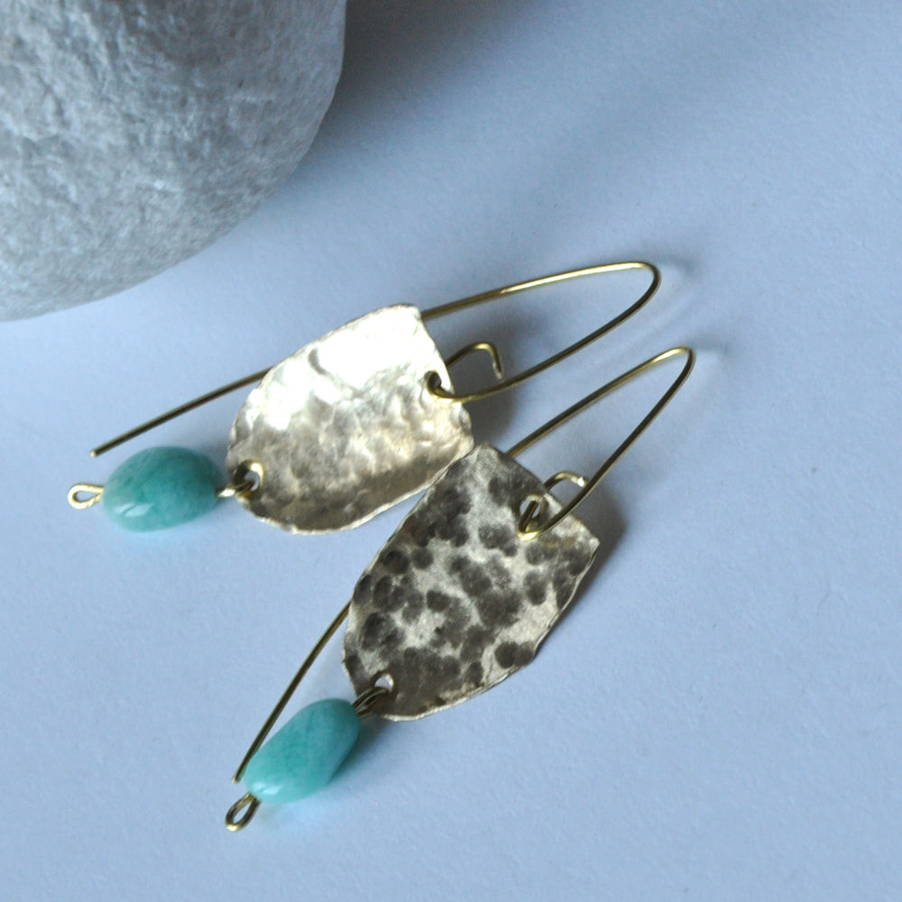 Handmade brass earrings with irregular nugget of amazonite 'With Amazonite'