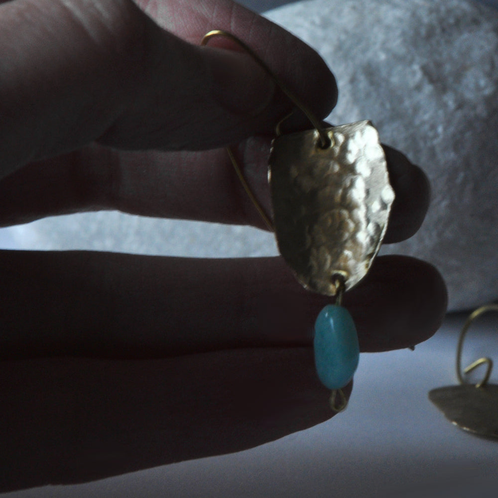 Handmade brass earrings with irregular nugget of amazonite 'With Amazonite'