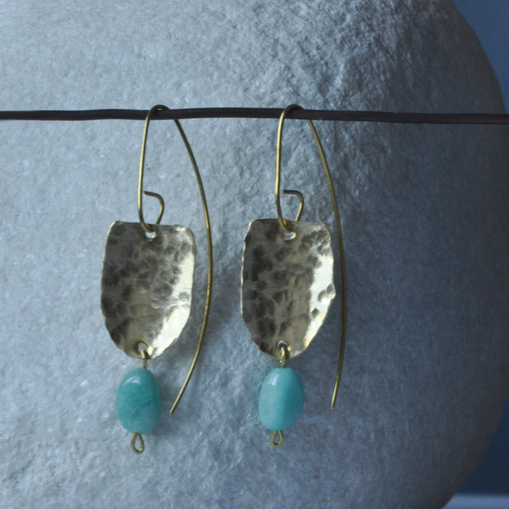 Handmade brass earrings with irregular nugget of amazonite 'With Amazonite'