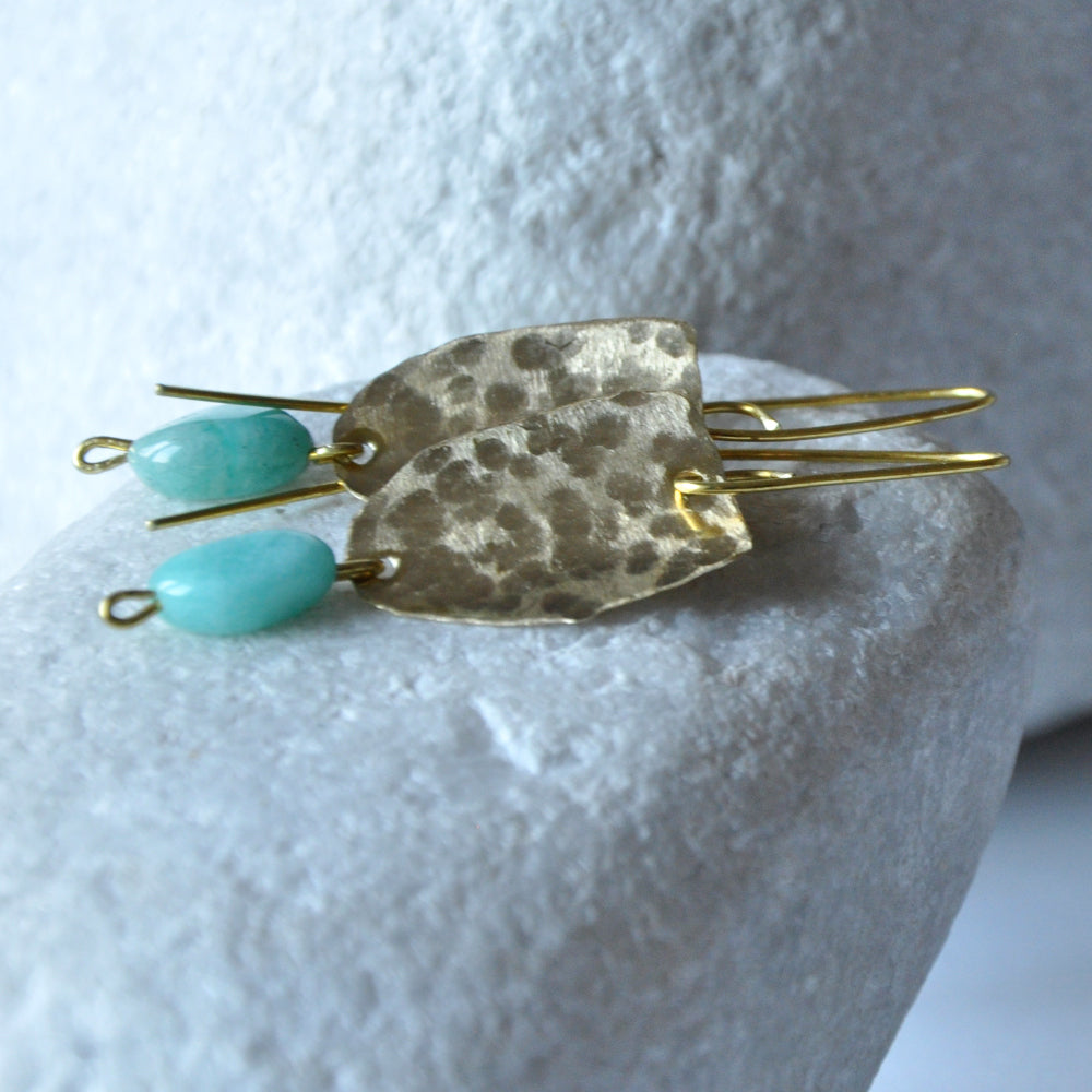 Handmade brass earrings with irregular nugget of amazonite 'With Amazonite'