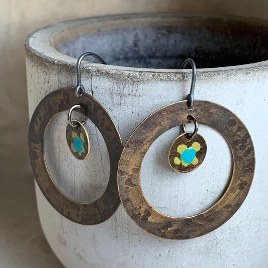 Brass and Sterling Silver Earrings ‘Secret Garden - Ochre & Turquoise’