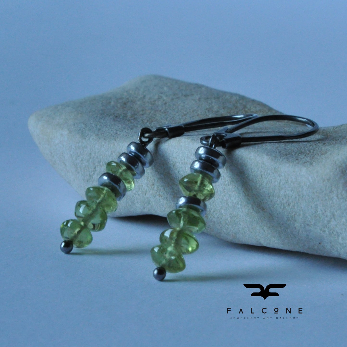 Green earrings with silver, peridots and rondelles of plated hematite 'With Green Peridots'