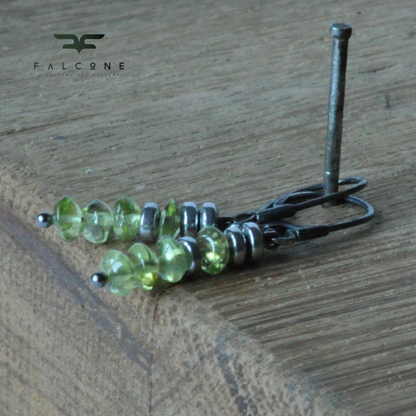 Green earrings with silver, peridots and rondelles of plated hematite 'With Green Peridots'