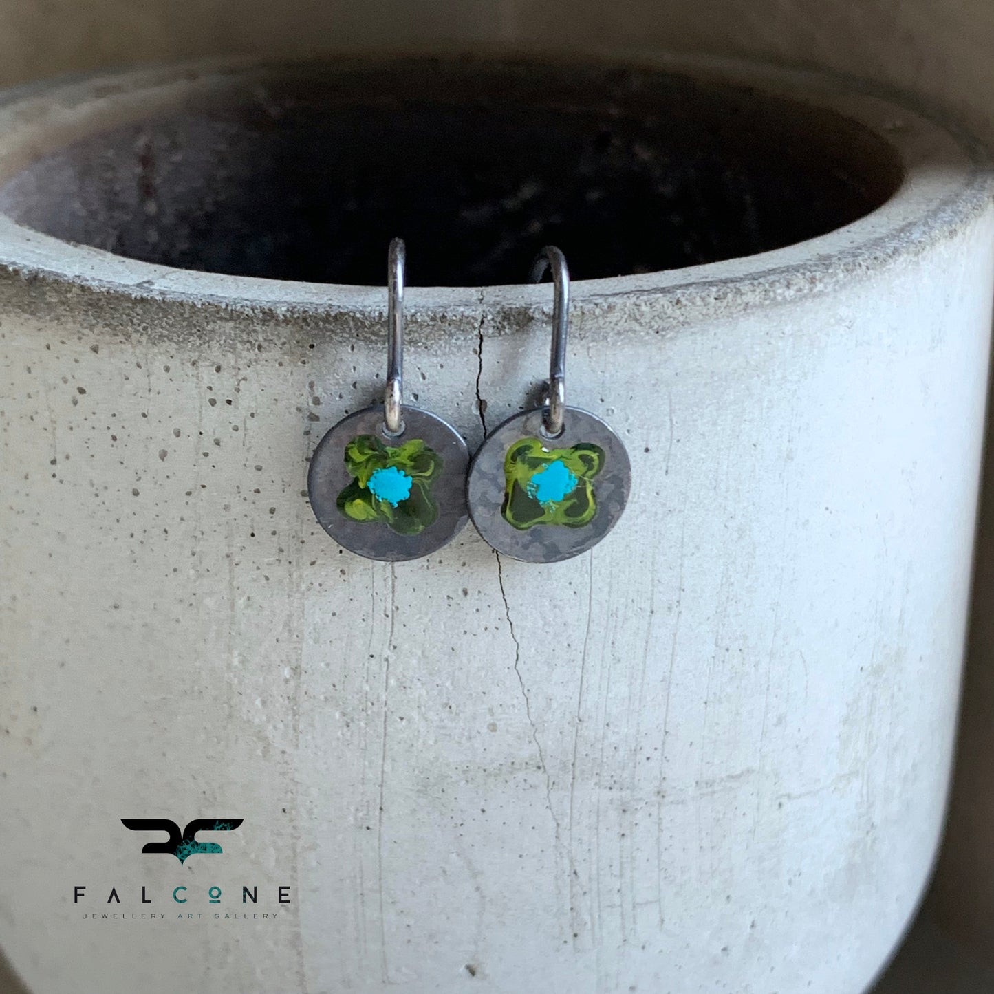 Fine silver earrings, hand-enameled 'Field Flowers - With Turquoise Accent'