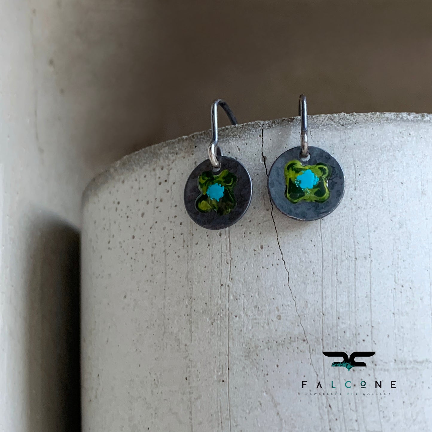 Fine silver earrings, hand-enameled 'Field Flowers - With Turquoise Accent'