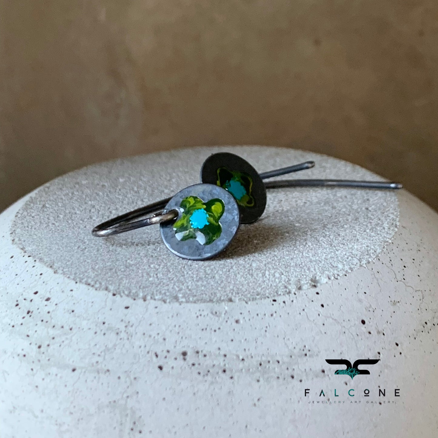 Fine silver earrings, hand-enameled 'Field Flowers - With Turquoise Accent'