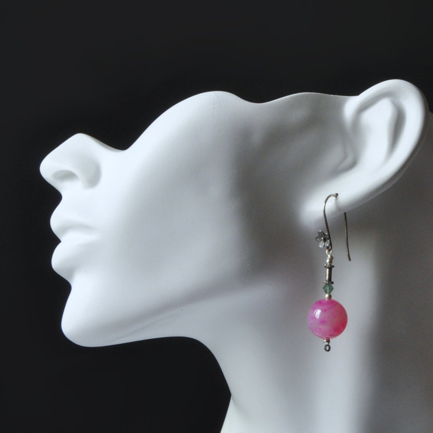 Romantic earrings, of bali silver, agate balls and Swarovski crystals 'Flowers in Pink'