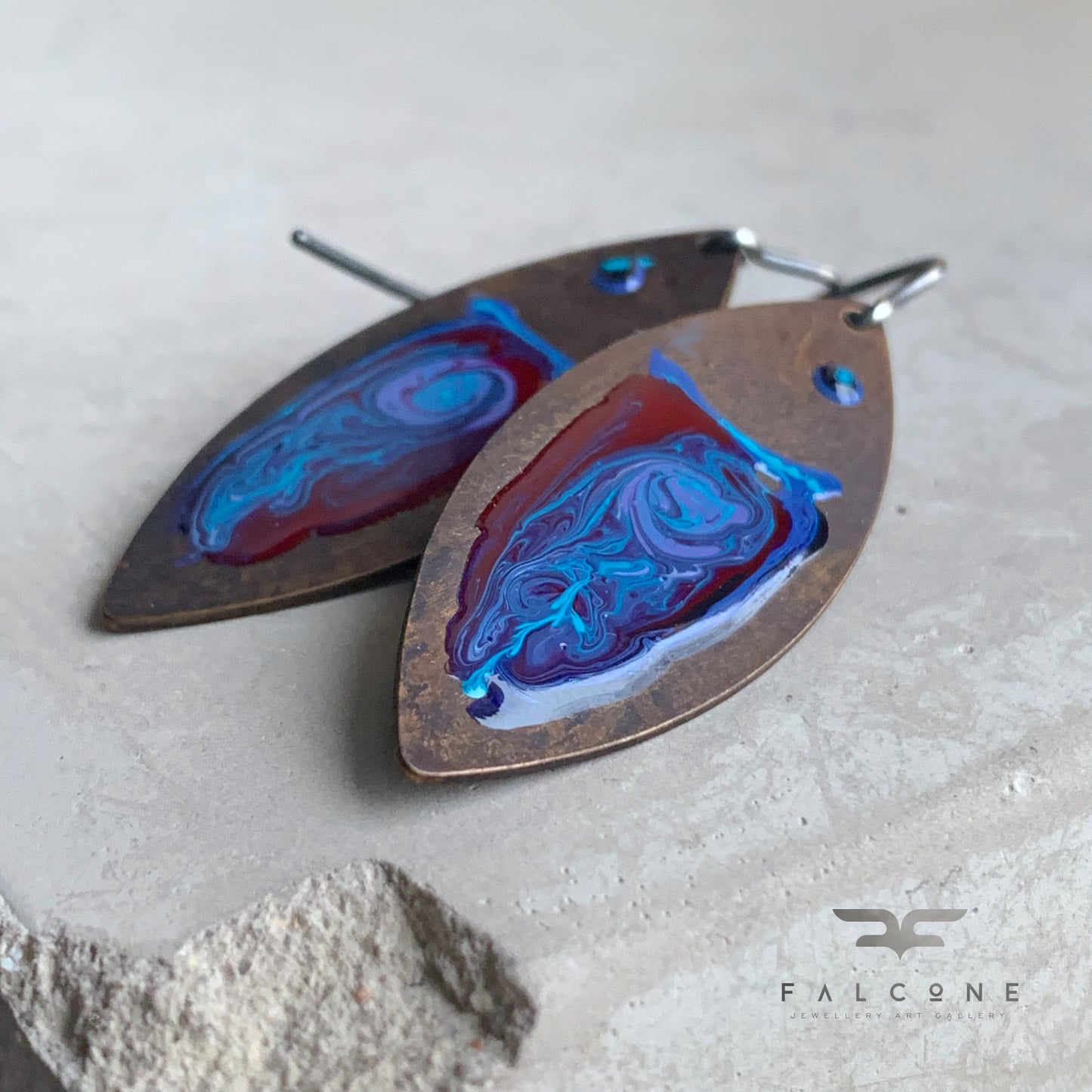 Brass and Silver Earrings 'Fish Dark Ruby & Deep Blue'