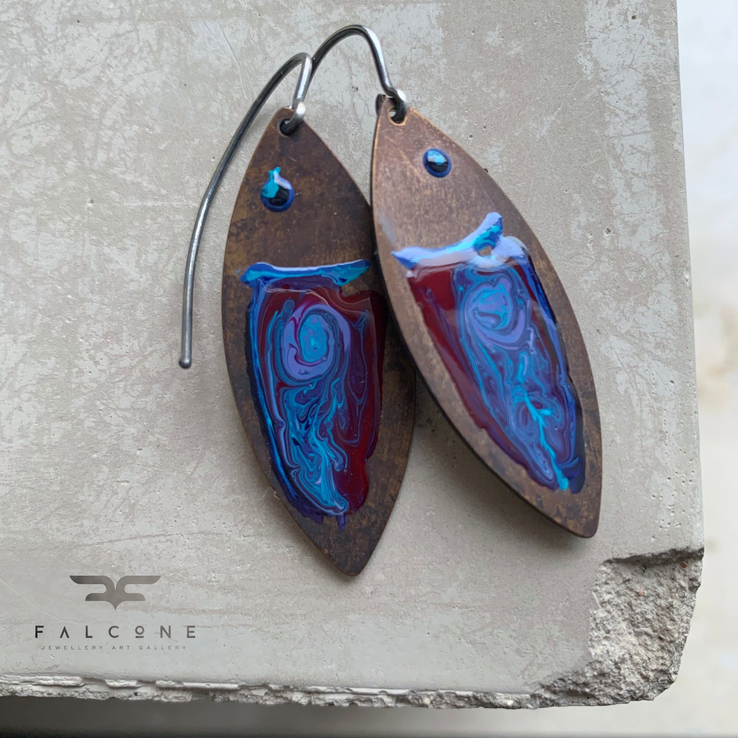 Brass and Silver Earrings 'Fish Dark Ruby & Deep Blue'
