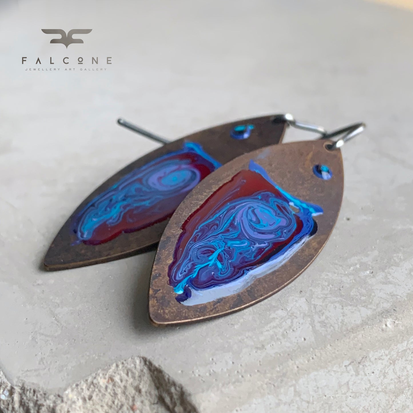 Brass and Silver Earrings 'Fish Dark Ruby & Deep Blue'
