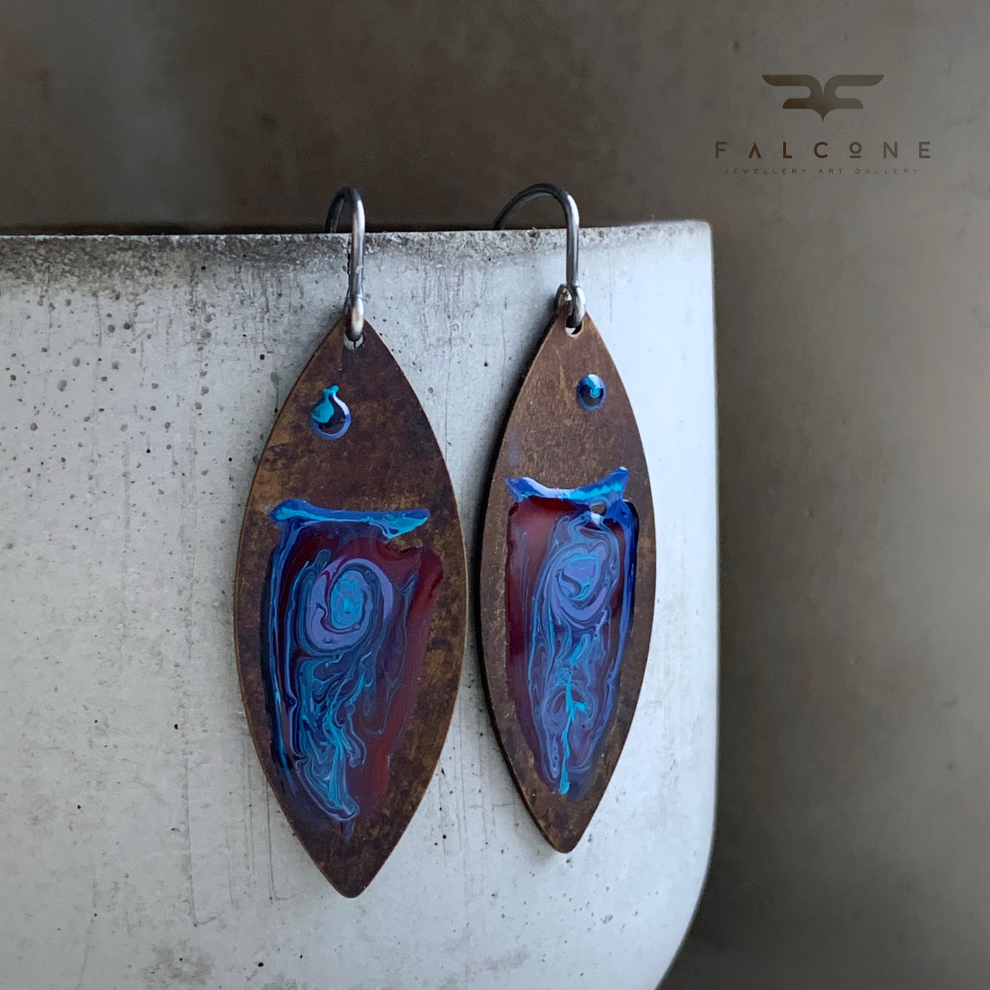 Brass and Silver Earrings 'Fish Dark Ruby & Deep Blue'