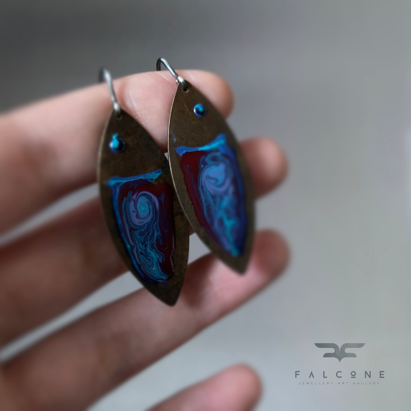 Brass and Silver Earrings 'Fish Dark Ruby & Deep Blue'