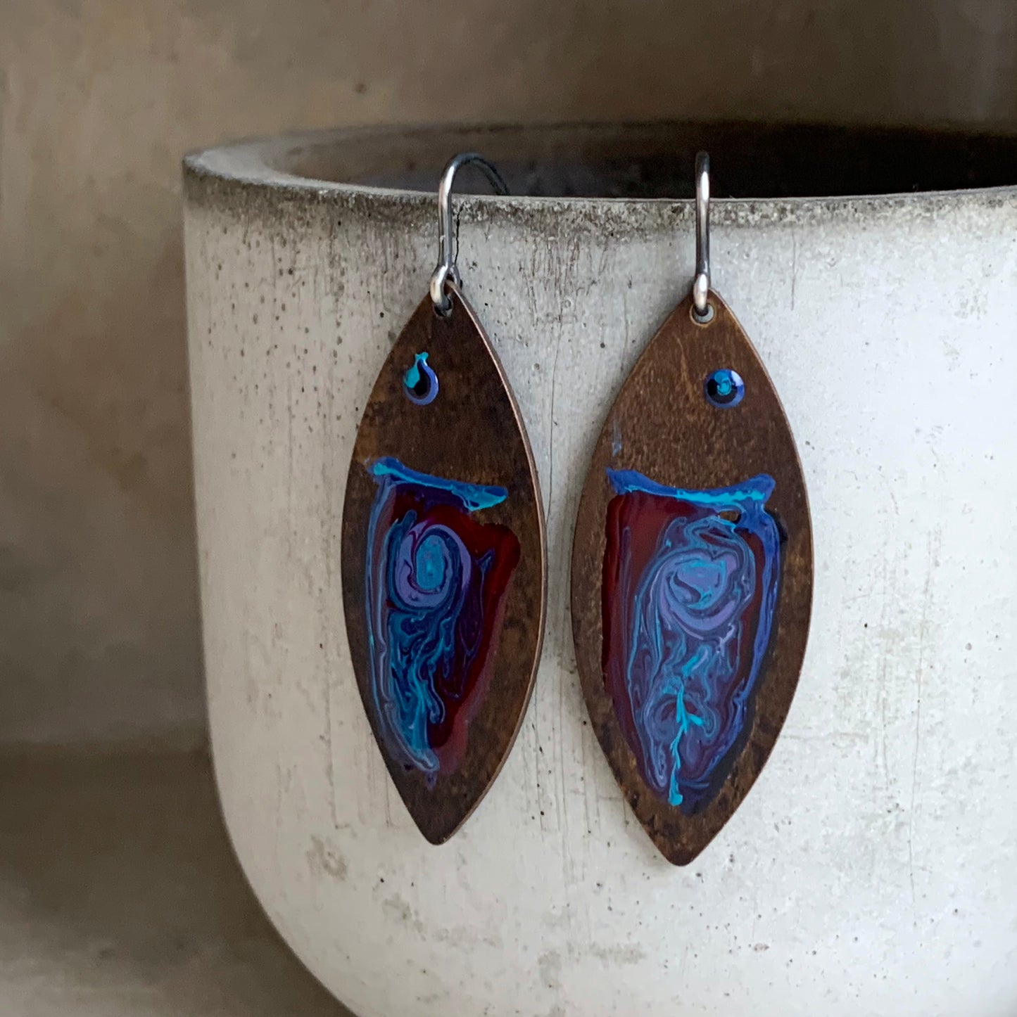Brass and Silver Earrings 'Fish Dark Ruby & Deep Blue'