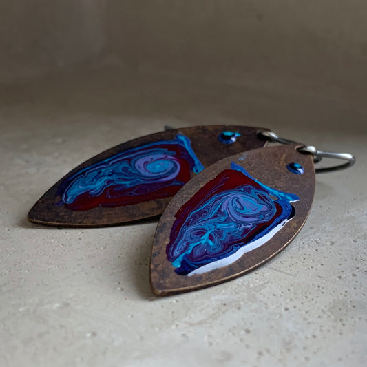 Brass and Silver Earrings 'Fish Dark Ruby & Deep Blue'