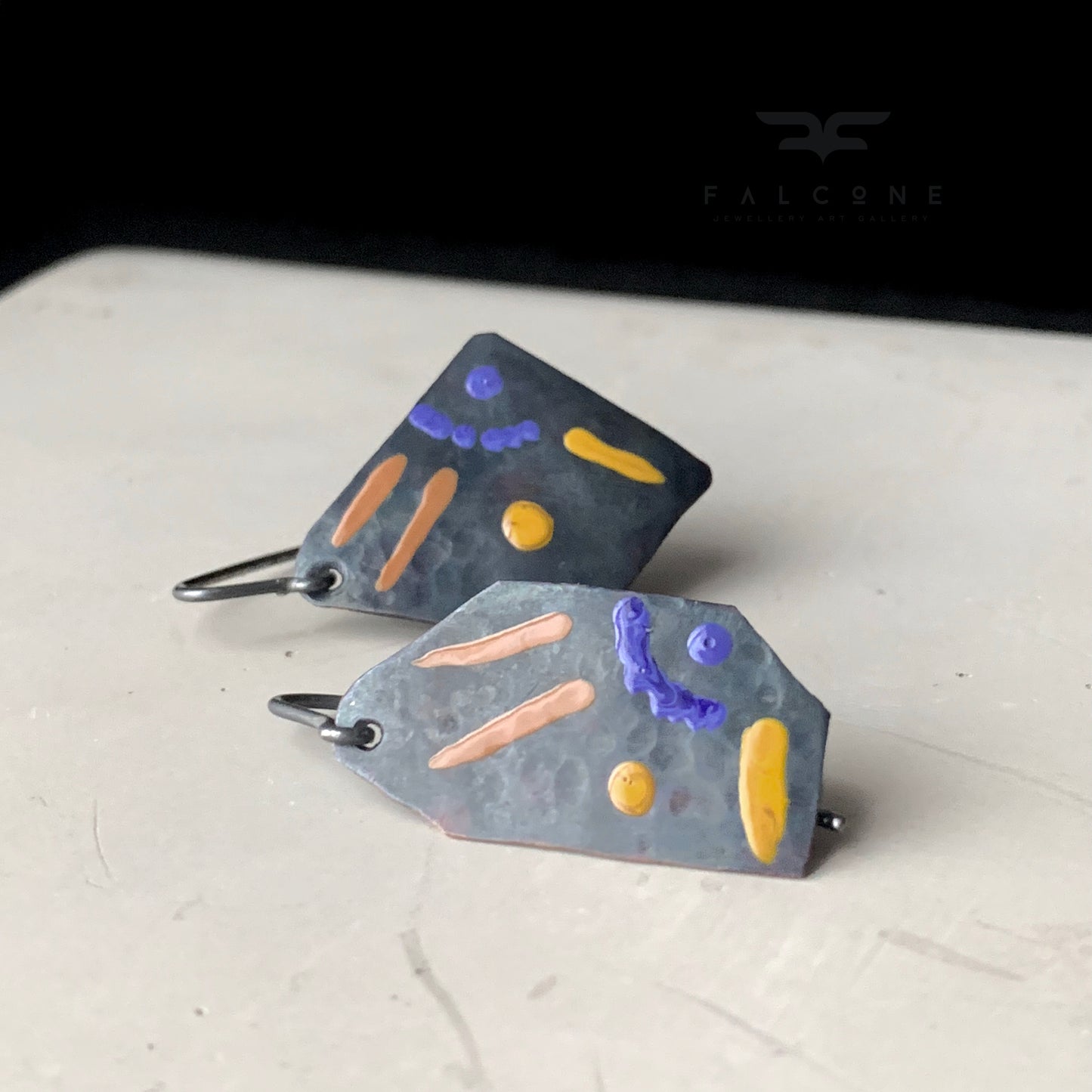 Enameled copper and silver earrings 'Fish in Purple, Ochre and Bronze'