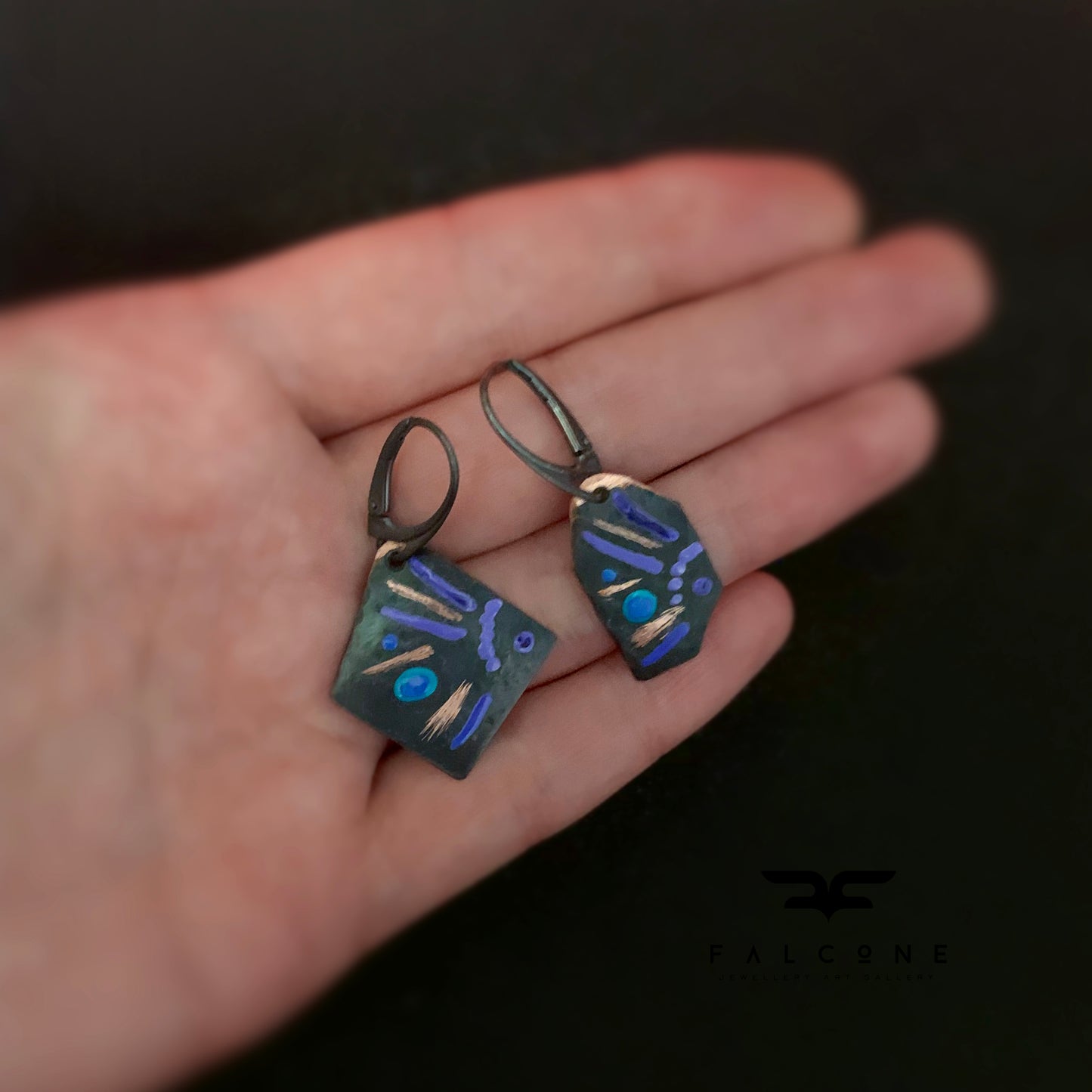 Copper earrings of irregular shape, enameled and engraved 'Fish with Turquoise and Violet'