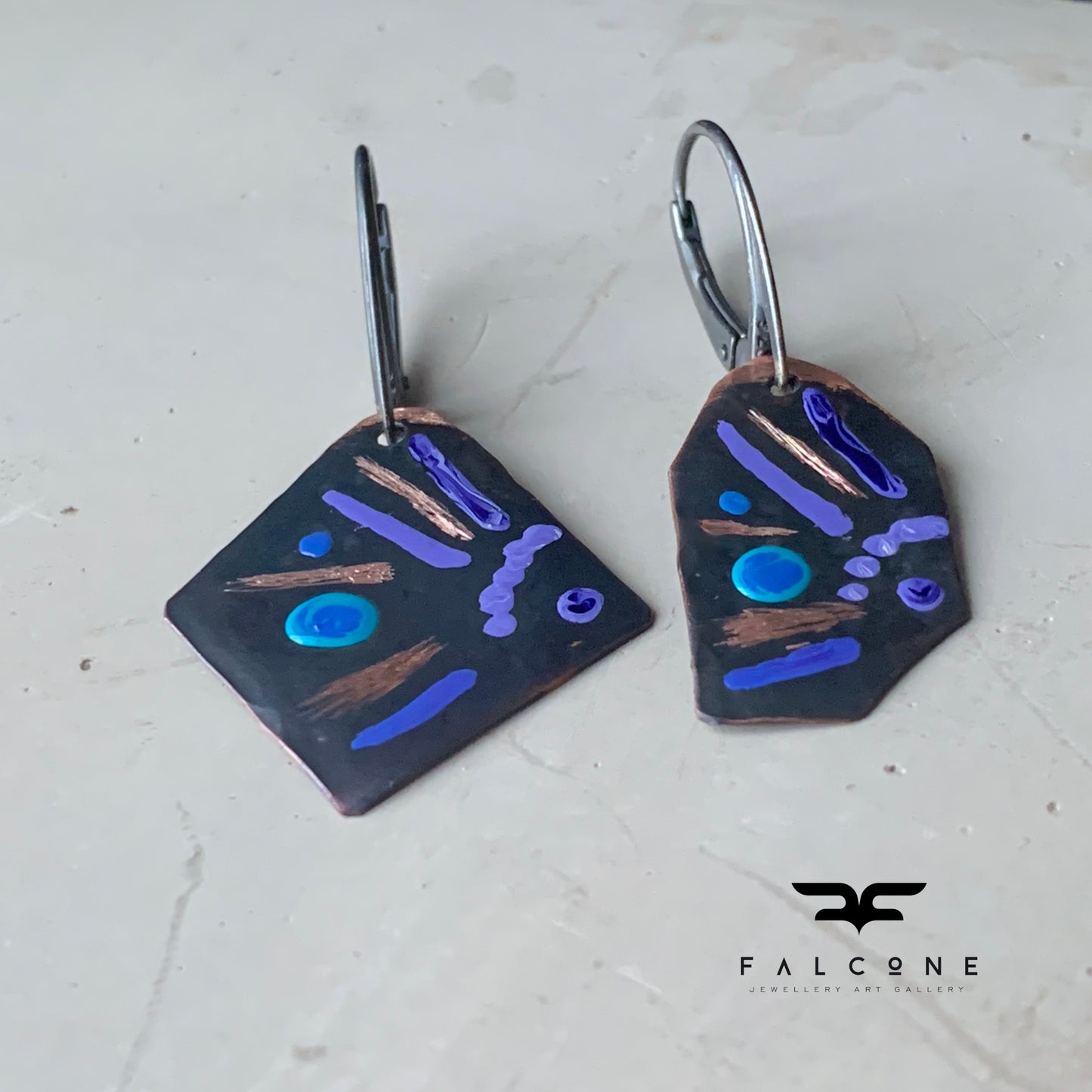 Copper earrings of irregular shape, enameled and engraved 'Fish with Turquoise and Violet'