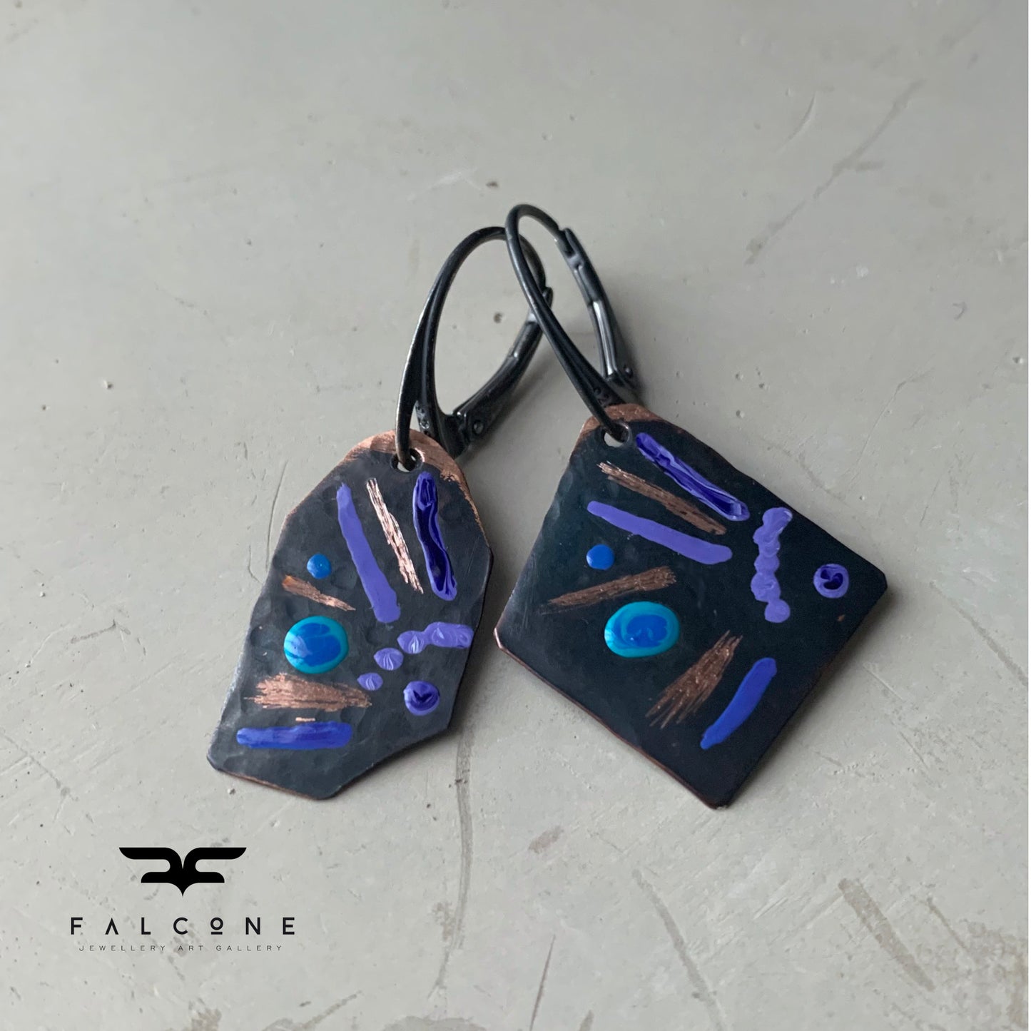 Copper earrings of irregular shape, enameled and engraved 'Fish with Turquoise and Violet'