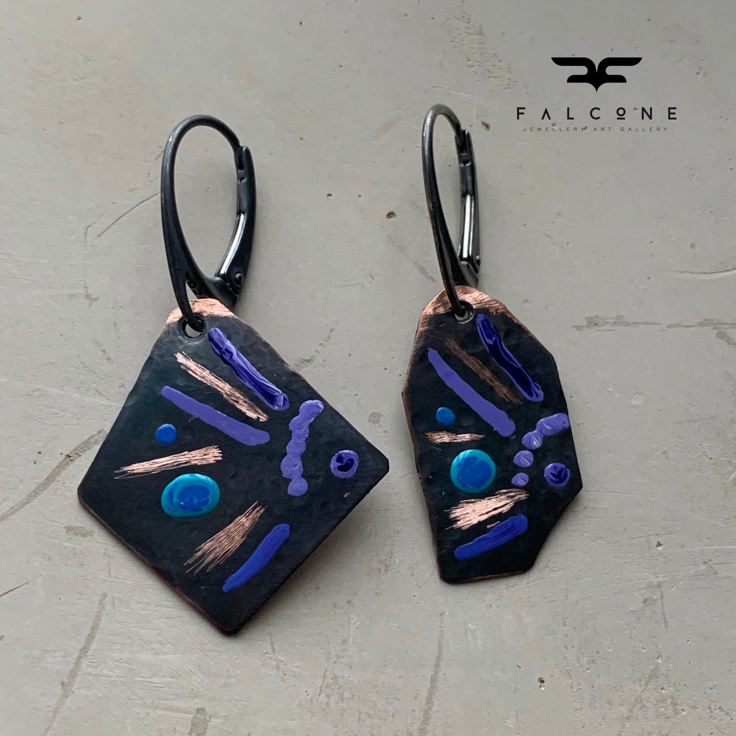 Copper earrings of irregular shape, enameled and engraved 'Fish with Turquoise and Violet'