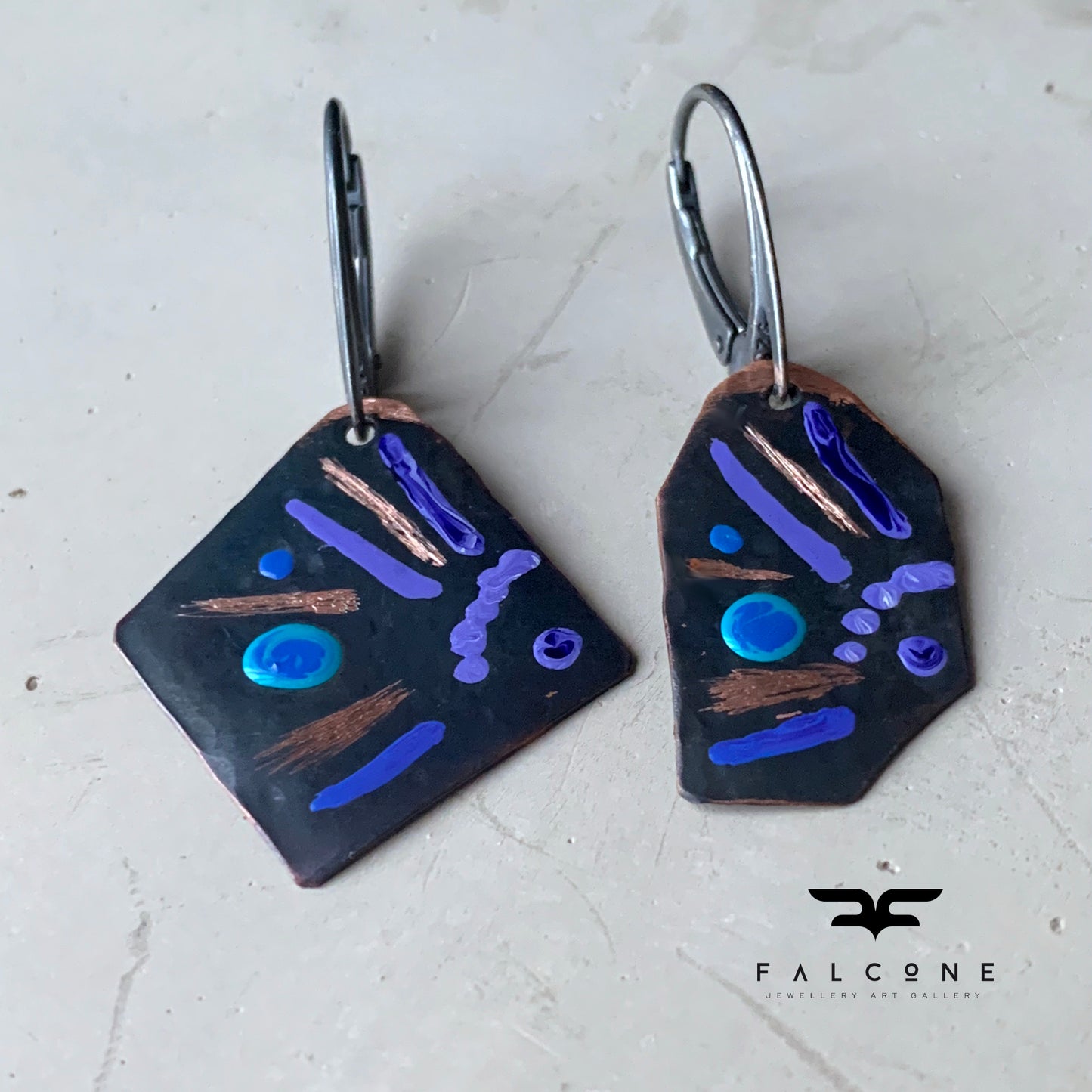 Copper earrings of irregular shape, enameled and engraved 'Fish with Turquoise and Violet'