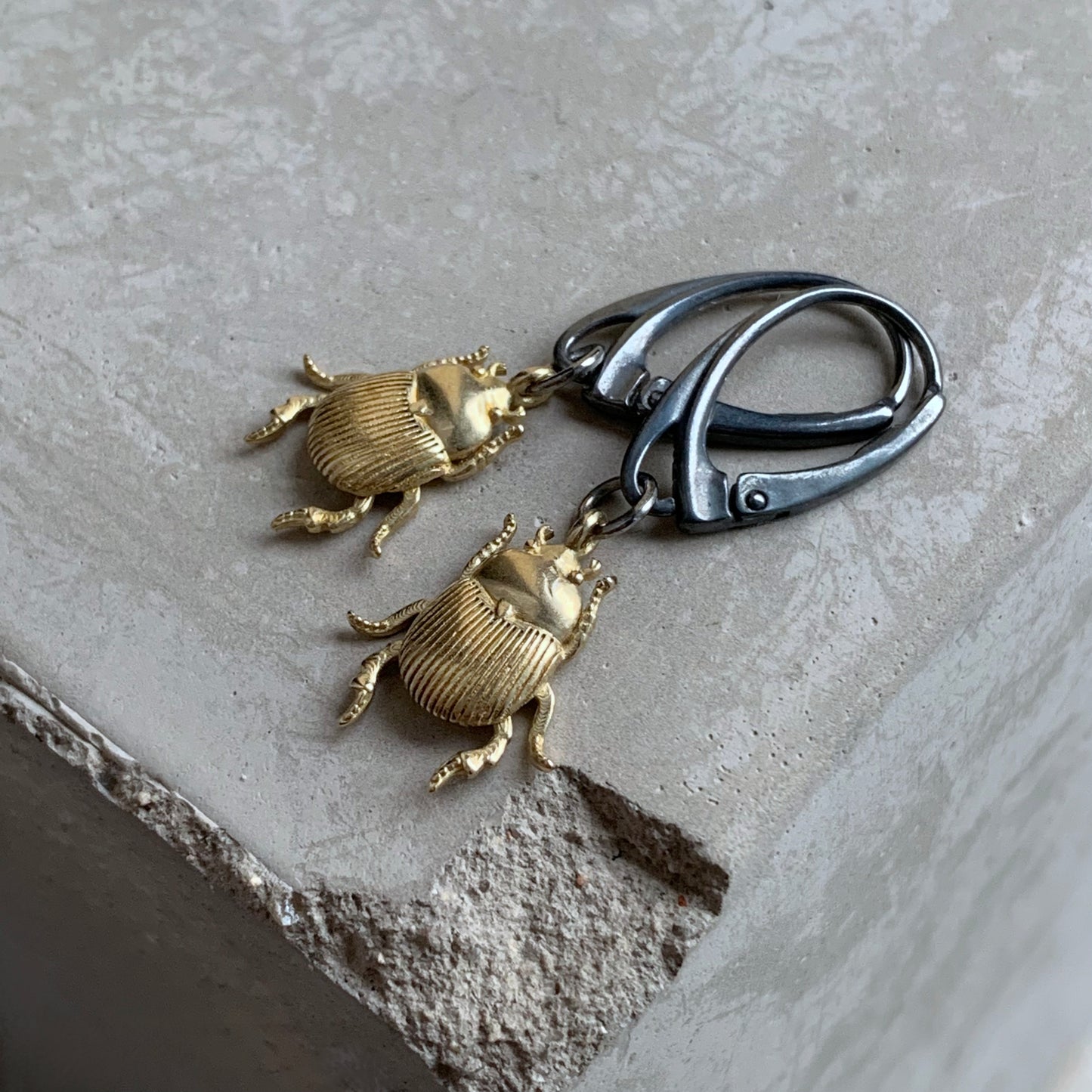 Brass and Silver Earrings 'Golden Scarab Light'