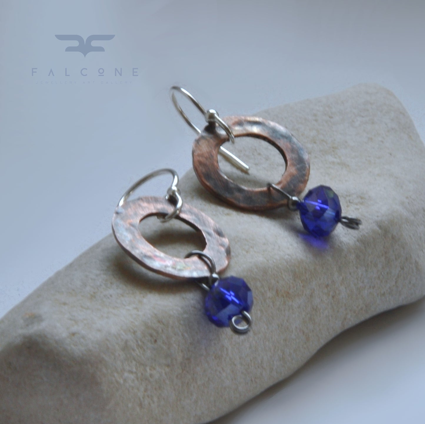 Small earrings made of glass, copper and silver 'With Sapphire Beads'