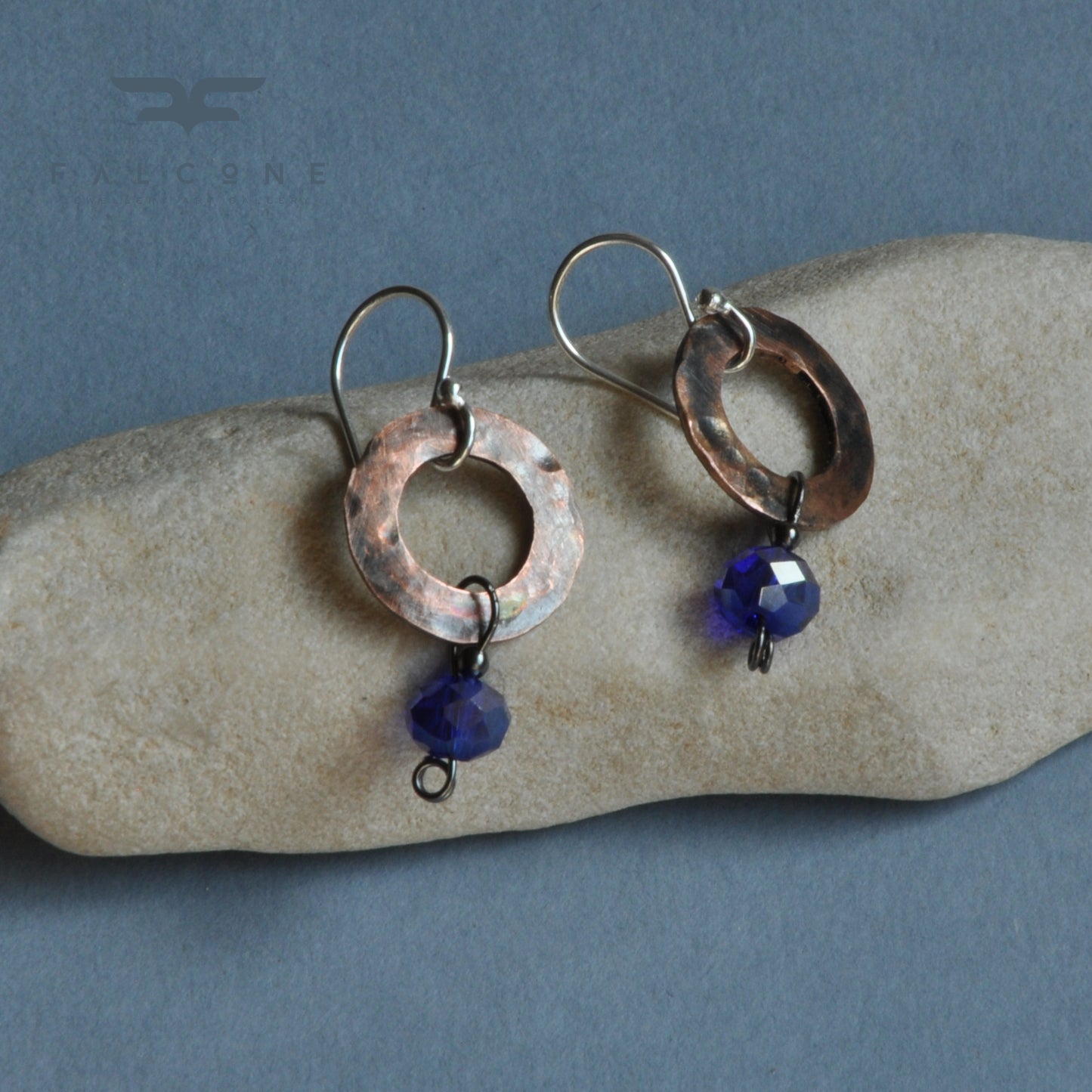 Small earrings made of glass, copper and silver 'With Sapphire Beads'