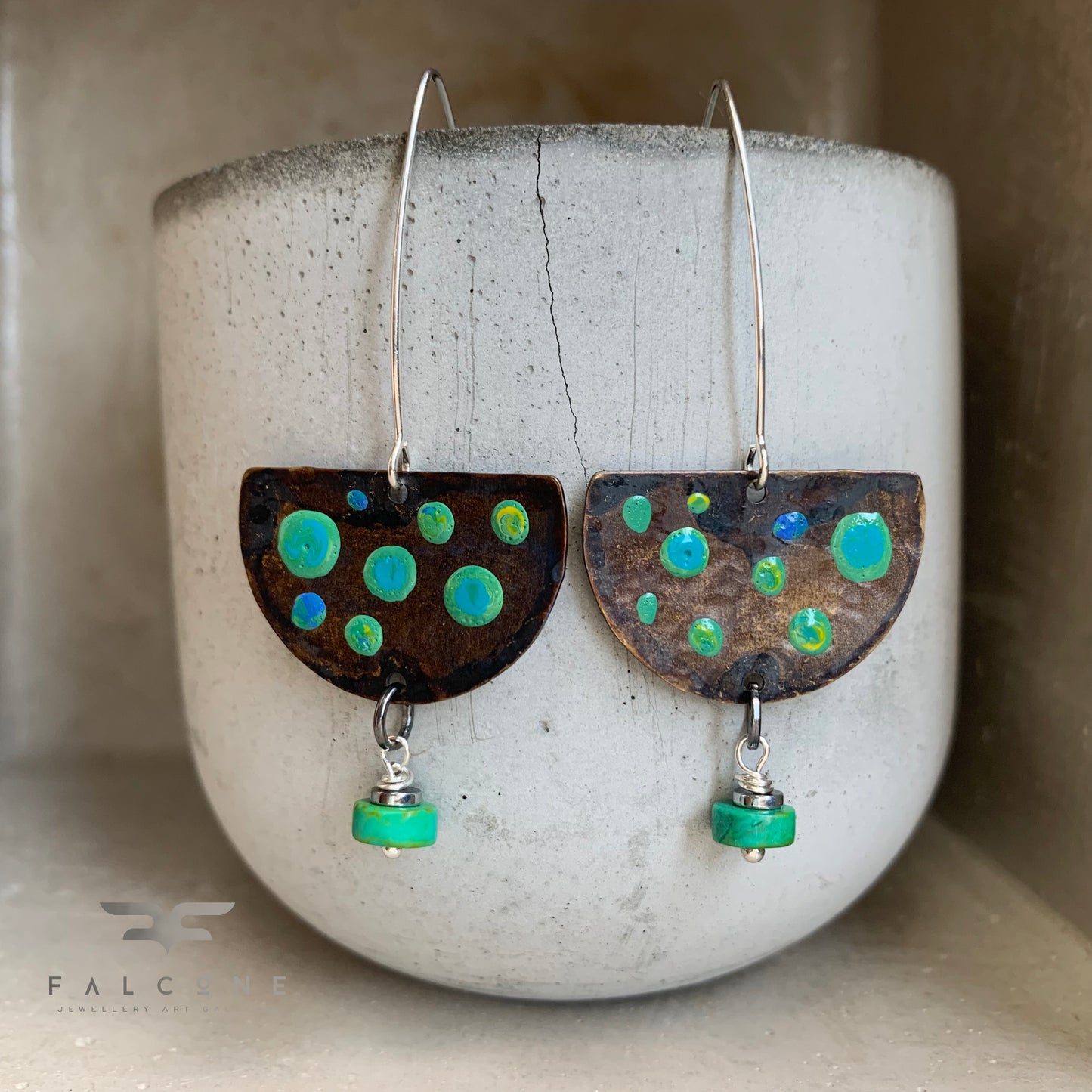 Brass, Natural Turquoise, and Silver Earrings 'Turquoise Dots'