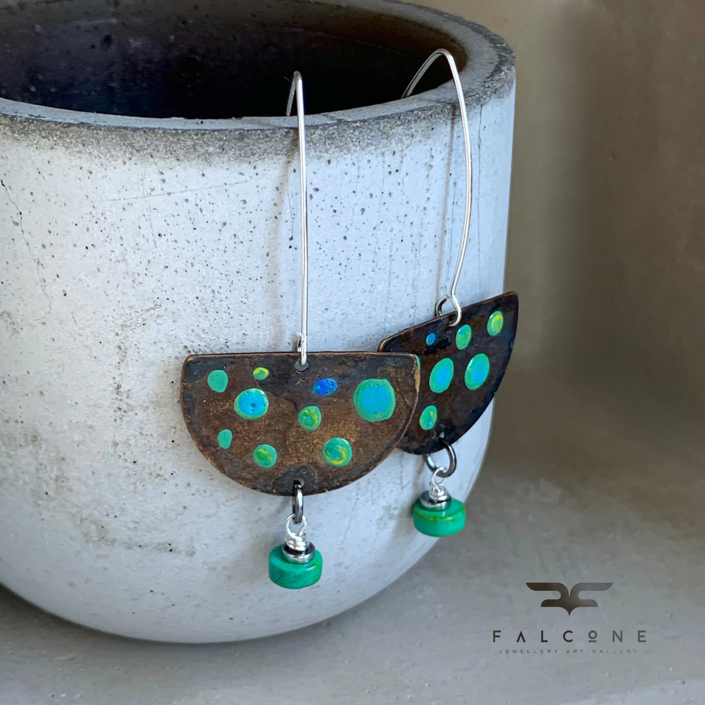 Brass, Natural Turquoise, and Silver Earrings 'Turquoise Dots'