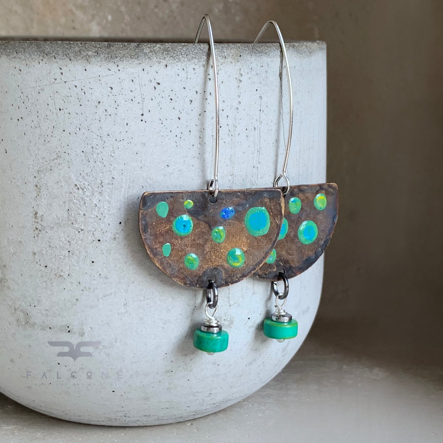 Brass, Natural Turquoise, and Silver Earrings 'Turquoise Dots'