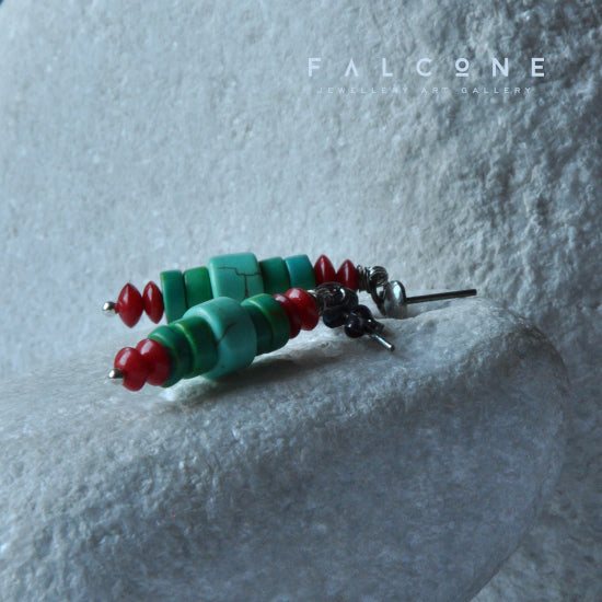 Handmade stud earrings made of natural stones with red and green color and silver 'Turquoise and Coral'