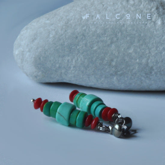 Handmade stud earrings made of natural stones with red and green color and silver 'Turquoise and Coral'