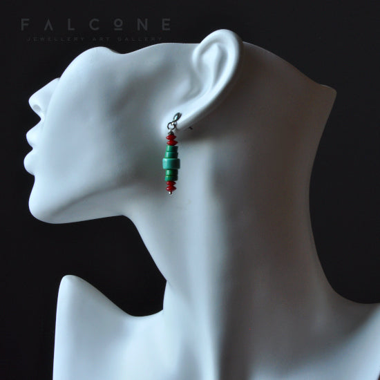 Handmade stud earrings made of natural stones with red and green color and silver 'Turquoise and Coral'