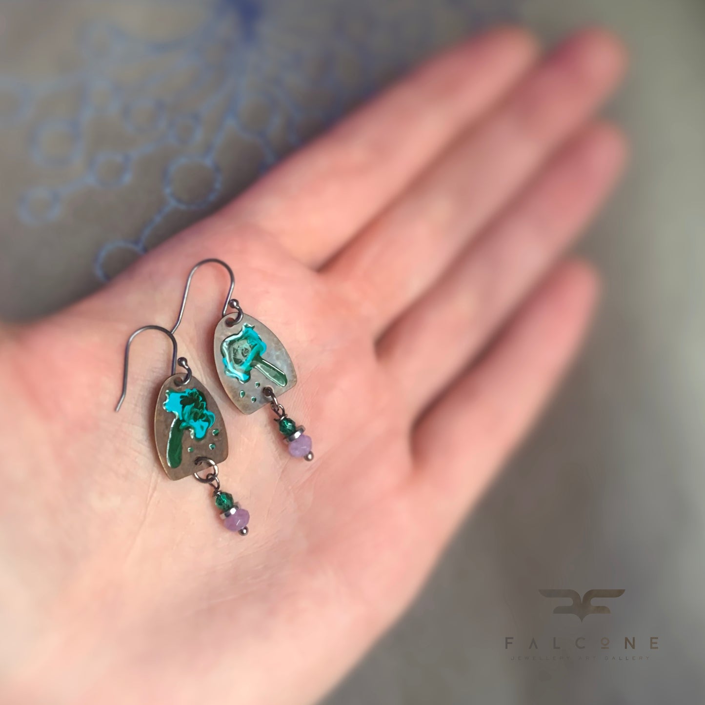 Brass, Silver, and Jade Earrings 'Wild Flowers. Turquoise & Light Purple'