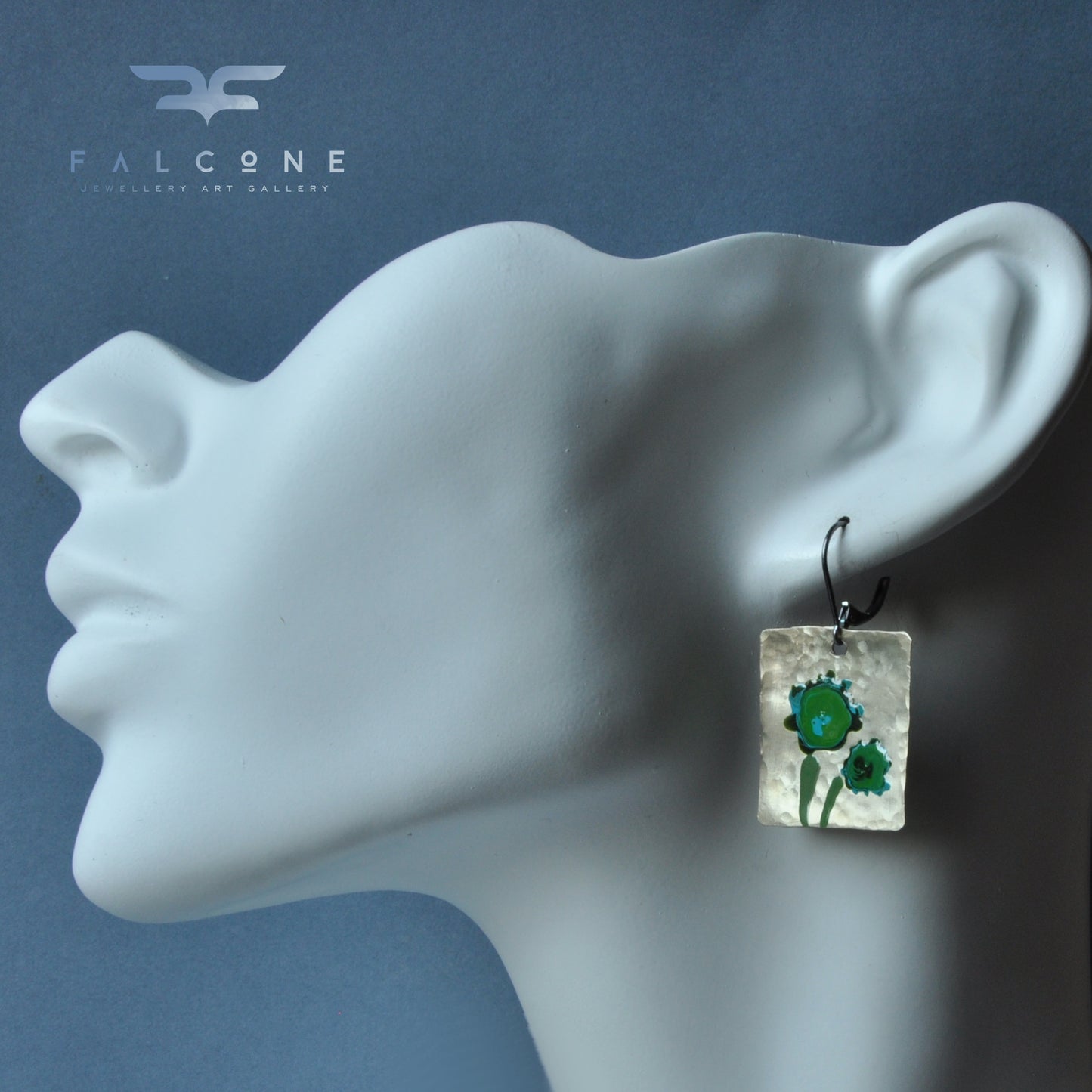 Enamel earrings of white brass - handmade unique jewelry 'Flowers in Emerald Green'