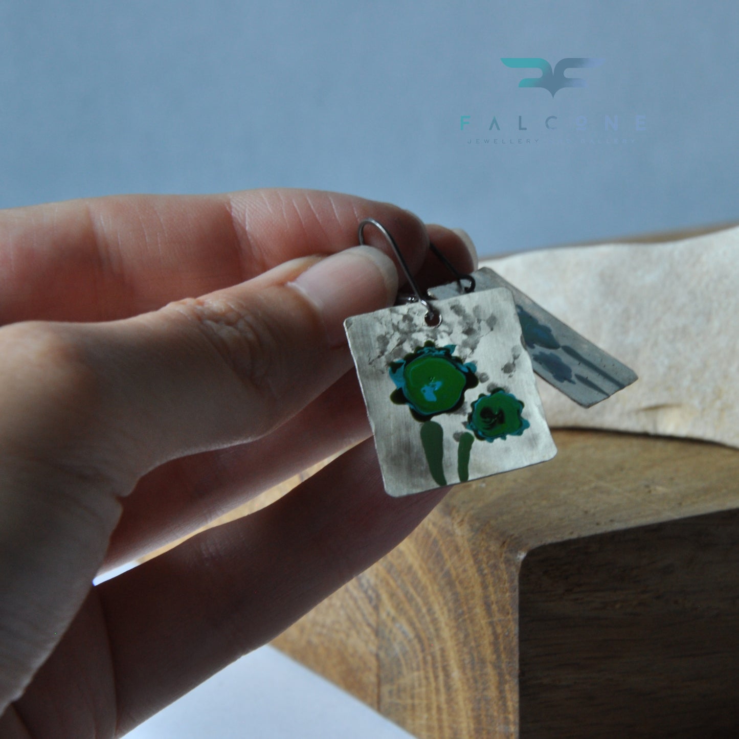 Enamel earrings of white brass - handmade unique jewelry 'Flowers in Emerald Green'